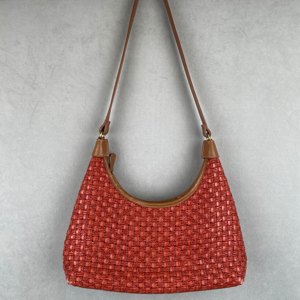 Fossil Red Woven Straw Hobo Shoulder Bag Tan Leather Trim Beachy Boho Artisanal
